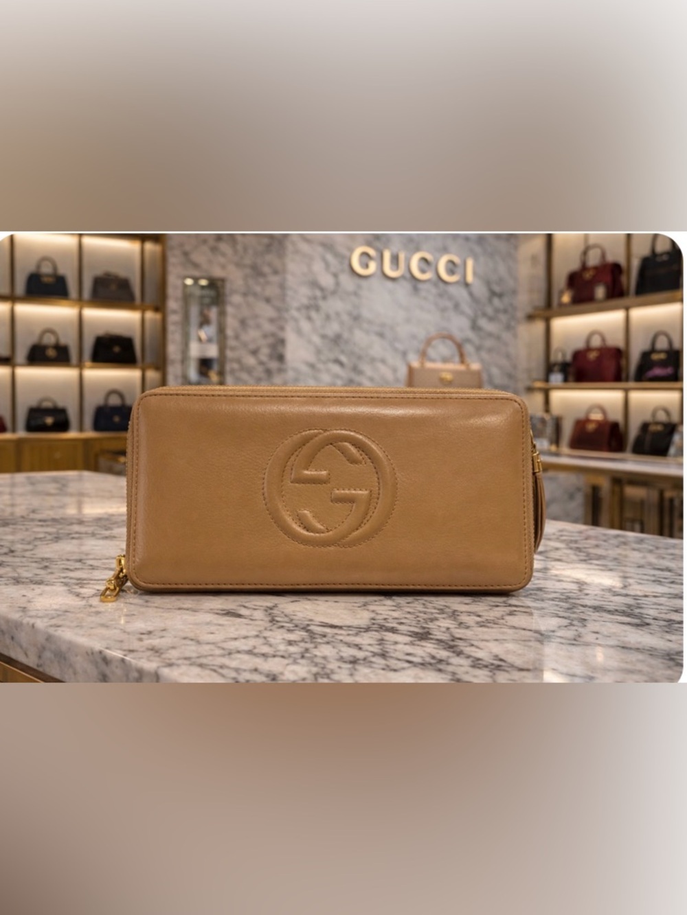 Gucci Taupe/Beige Rich Leather Zip Long Wallet with Embossed GG